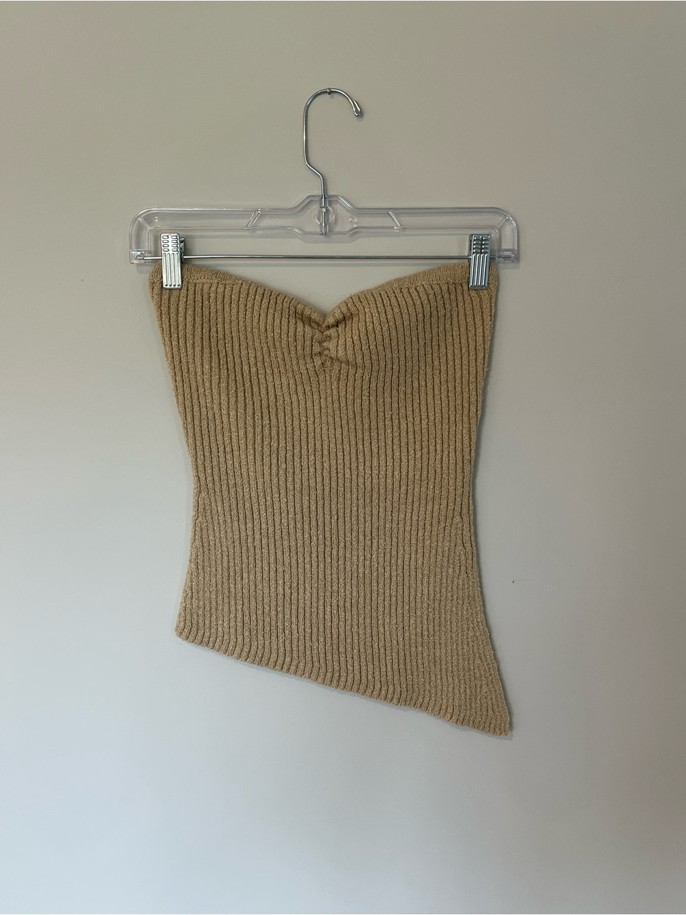 Beige Ribbed Knit Asymmetric Tube Too